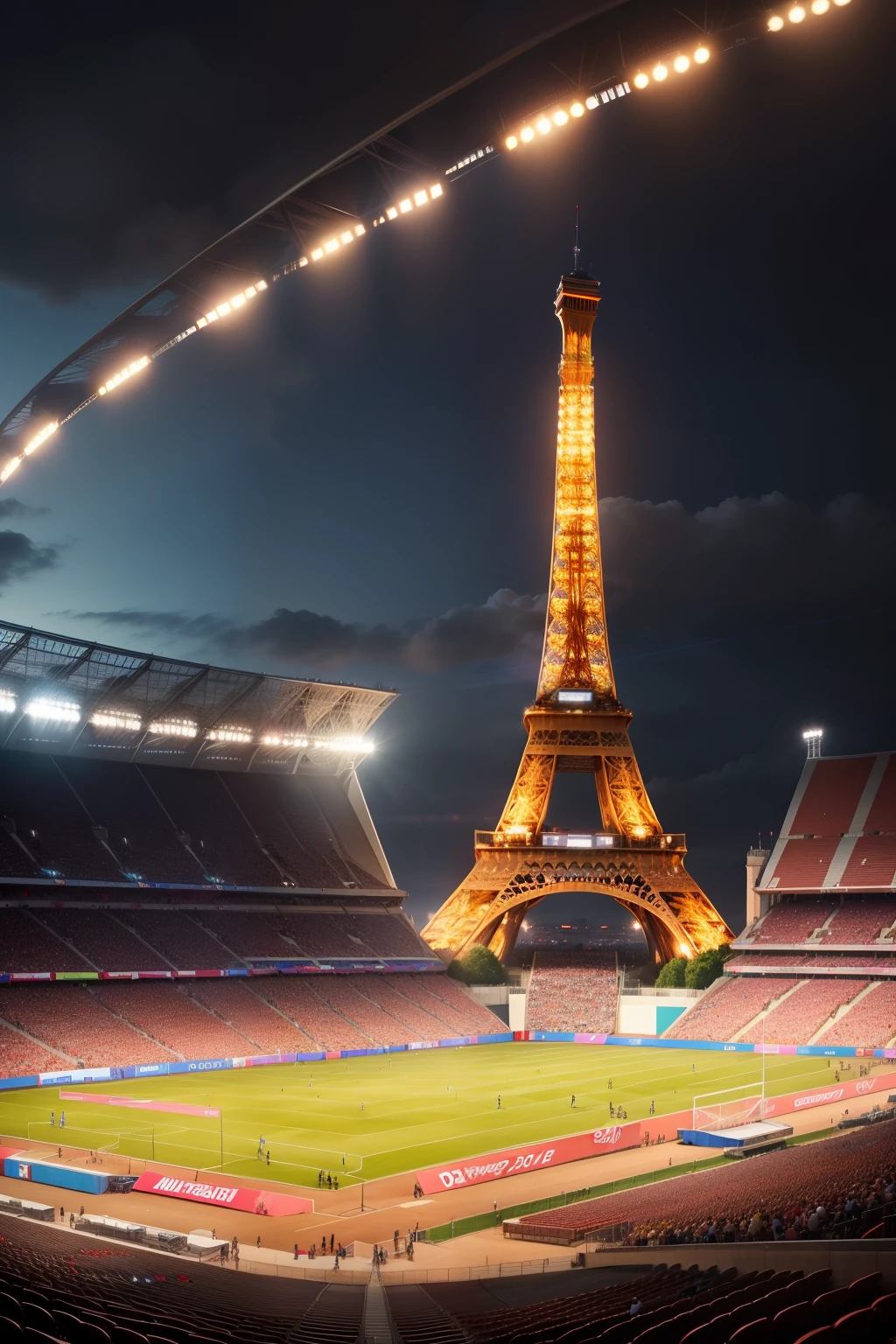 Generate a grandiose micro-model scene of the Olympic Games, meticulously illustrating various competition venues such as the Olympiastadion, Stade de France, and the velodrome, all beautifully integrated within the iconic Parisian city architecture. Spectators, adorned in national colors, enthusiastically fill the grandstands, their cheers and excitement echoing through the air. The Eiffel Tower, visible in the backdrop, stands as a symbol of French pride and resilience, reflecting the vibrant atmosphere of the Olympic Games. The scene is further enlivened by the subtle glow of spotlights and the bustling activity of athletes preparing for their performances.