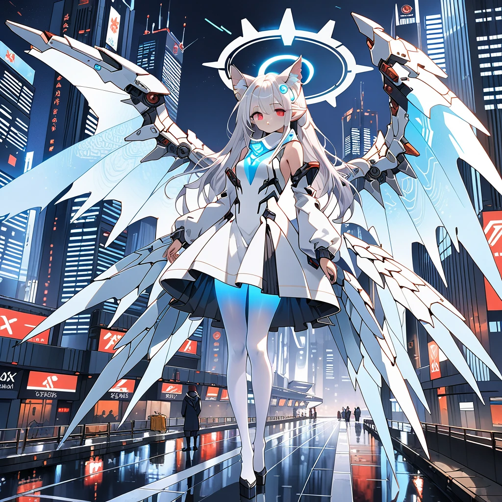 masterpiece, highest quality, highest resolution, clear_image, detailed details, white hair, long hair, 1 girl, cat ears, red eyes, futuristic dragon wings (12 wings), futuristic halo, white sci fi mecha dress, white scarf (around the neck withn a light blue glow), white pantyhose, full body, no water marks, city