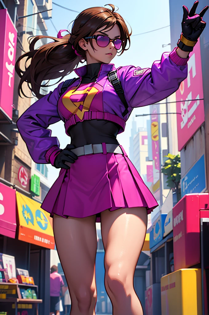 a teenage girl superhero, brown hair with magenta highlights, a contemporary superhero costume, with skirt and shades from royal blue magenta, some super gloves ((best quality)) ((masterpiece))