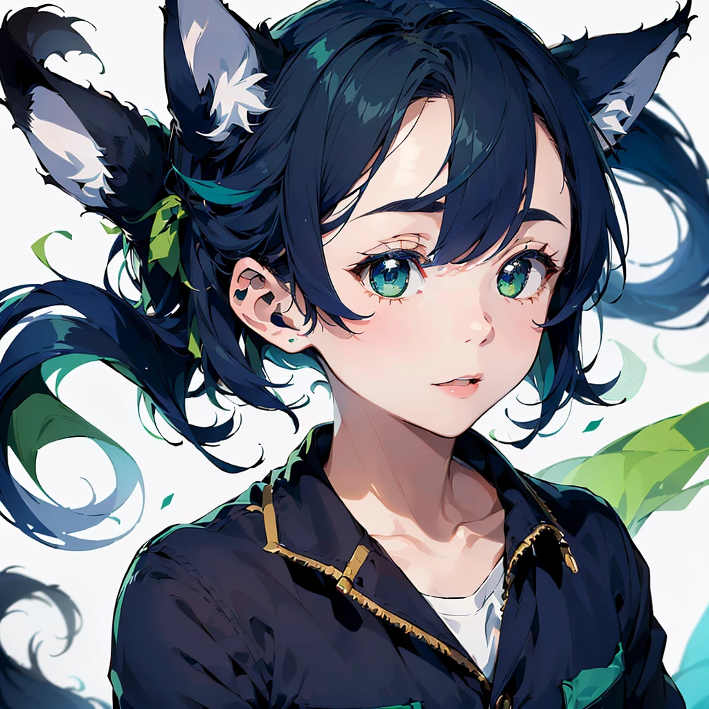 ((Highest quality)), ((masterpiece)), (detailed), ((A young man with navy blue fox ears)),((Navy Blue Hair)),((Green Eyes)),,Simple Background,The background is white,short hair,