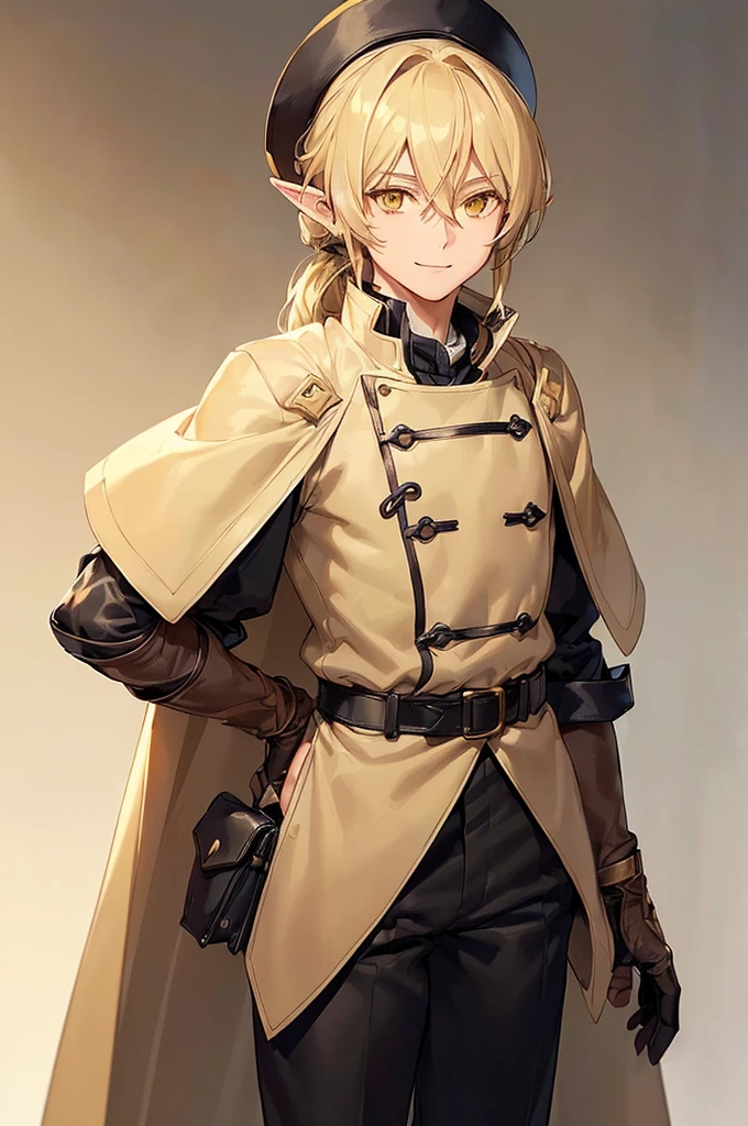 (((masterpiece; best quality: 1.2))), (finely detailed eyes: 1.3), (25 year old elf man), (solo), (yellow eyes: 1.4), (body; toned, fit, masculine: 1.3), (silky blonde hair in low ponytail: 1.3), (beautiful and clear background: 1.2), ((depth of field)), (equipment: adventurer garb + modest + elegant wide-brimmed hunter hat + beige overcoat + shirt + long black slanted cape + black pants + gloves + belt + pouches: 1.3), (anime illustration: 1.2), (background composition; royal garden: 1.1), (extremely fine and handsome: 1.1), (shot composition; standing + centered on torso + close-up: 1.5), (expression; calm, smile: 1.2)