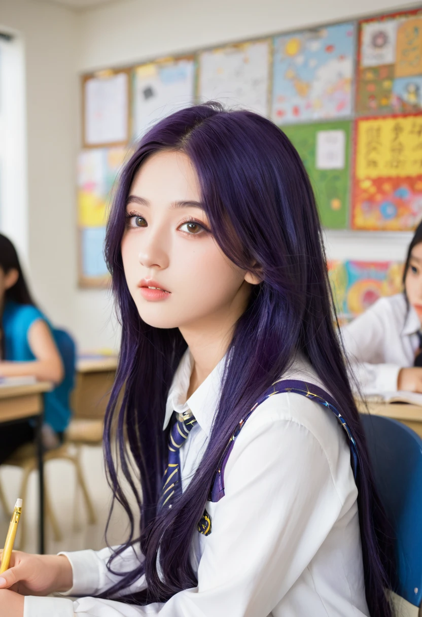 1 Girl, Long midnight purple hair, Golden light eyes, Sitting in the classroom, White modern school, Japanese cartoons