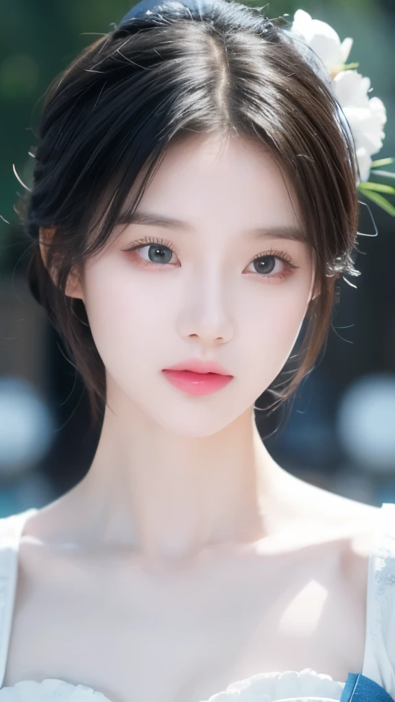 Blue and white porcelain style，Chinese Clothing，The costumes are blue and white in theme，Chinese Art Style，Fashion model 18 years old [[[[Close-up cleavage]]]], [[[[breast]]]], [[[[Cole]]]], [[[[Shoulder]]]], Perfect eyes, Perfect Iris，Perfect lips，Perfect Teeth，Perfect skin，Fair skin，Soft headlight，HDR，girl，White hair，Sad expression，Background is outdoor，White powder wall，Light blue flowers，4K ultra HD, Ultra-high resolution, (Reality: 1.4), best quality，masterpiece，Super dilution，（Pastel colors：1.2）