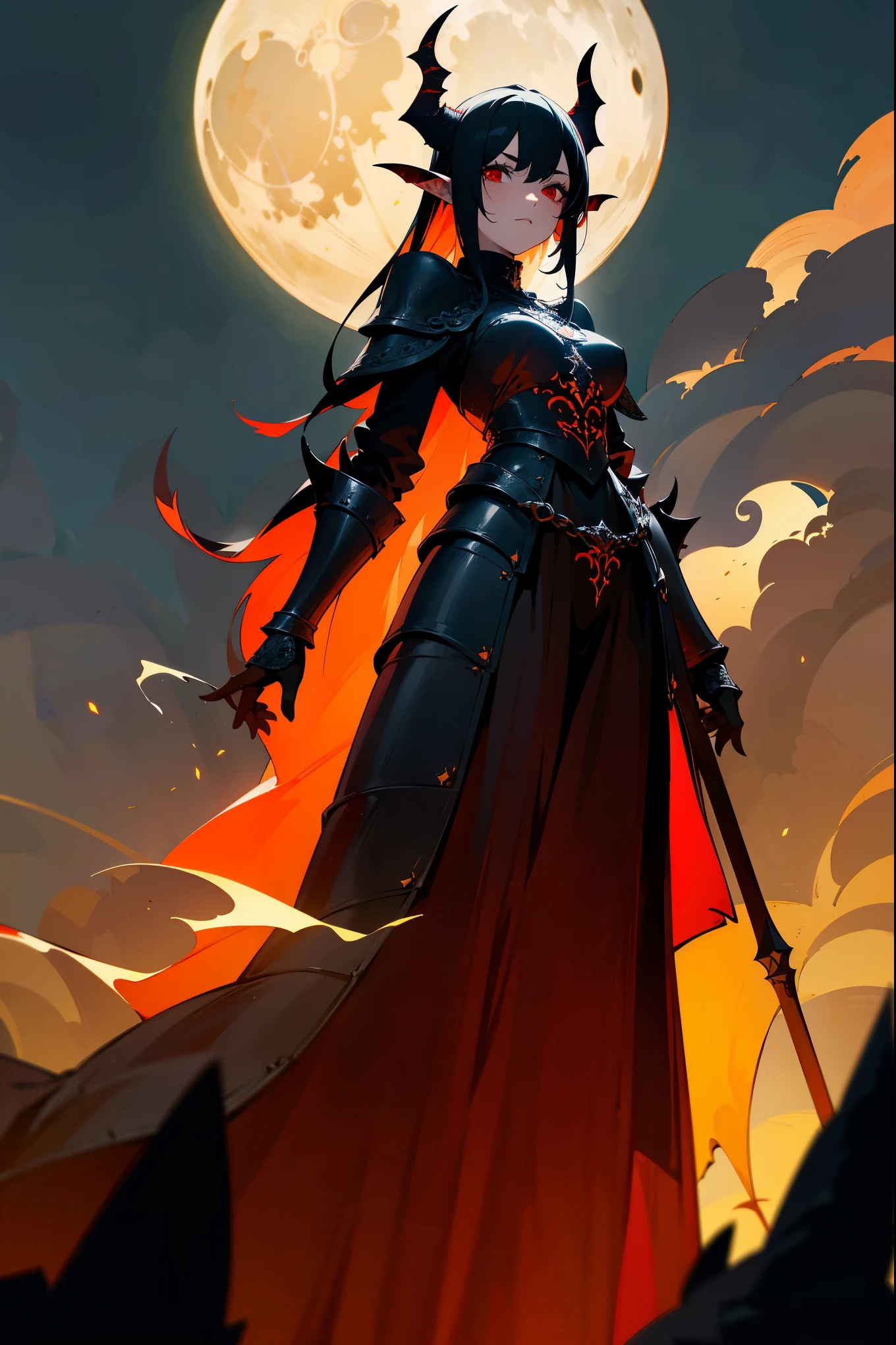 1girl, black hair, red eyes, demoness, dark armor with intricate flame designs, horns, standing in an ancient castle ruin, full moon illuminating the scene, (best quality,8k,highres,masterpiece:1.2),ultra-detailed,dark fantasy,cinematic lighting,gothic,dramatic