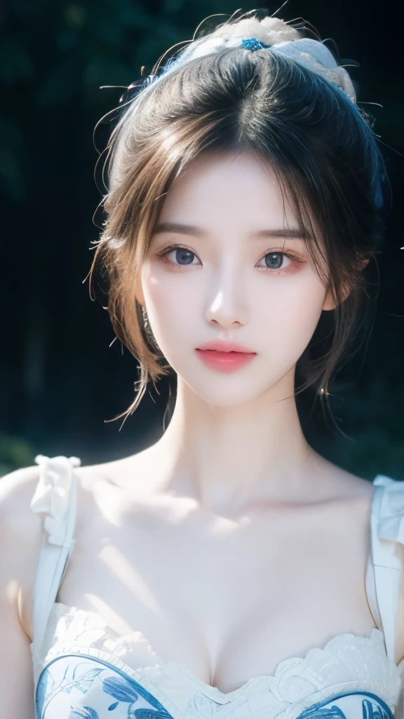 Blue and white porcelain style，Chinese Clothing，The costumes are blue and white in theme，Chinese Art Style，Fashion model 18 years old [[[[Close-up ]]]], [[[[breast]][[Cole]]]], [[[[Shoulder]]]], Perfect eyes, Perfect Iris，Perfect lips，Perfect Teeth，Perfect skin，Fair skin，Soft headlight，HDR，girl，White hair，Sad expression，Background is outdoor，White powder wall，Light blue flowers，4K ultra HD, Ultra-high resolution, (Reality: 1.4), best quality，masterpiece，Super dilution，（Pastel colors：1.2）
