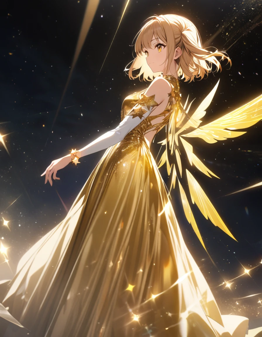 goddess(gold short hair, side-up hair, golden eyes, golden one-piece long dress, white forearm sleeves, white high boots, golden multi wings, star-motif bracelet), shining effect, starlight, sideway view