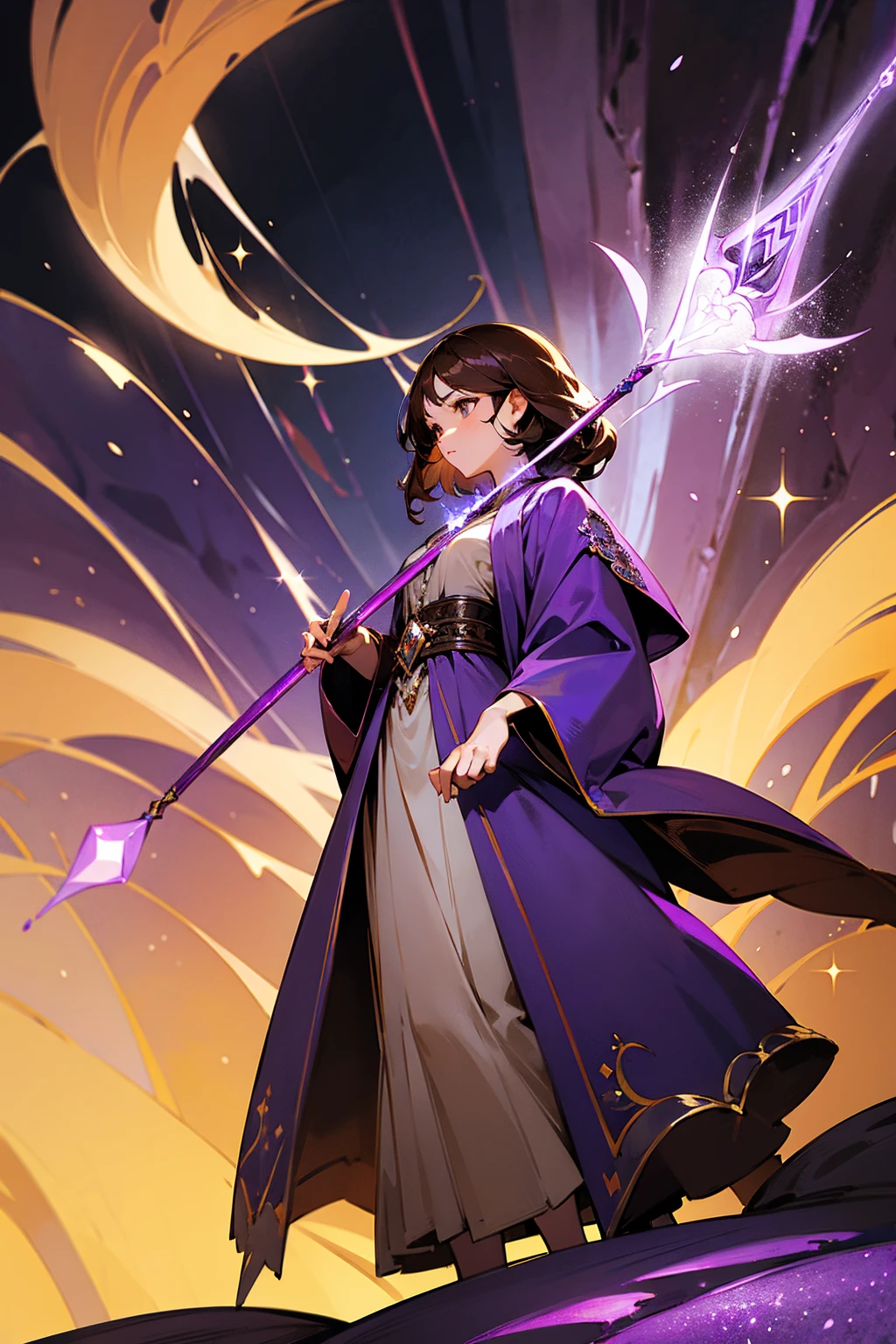 1female, brown hair, hazel eyes, sorceress, purple robe with silver embroidery, holding a glowing staff, standing in a mystical cave, sparkling crystals on the walls, masterpiece, 8k, standing on path