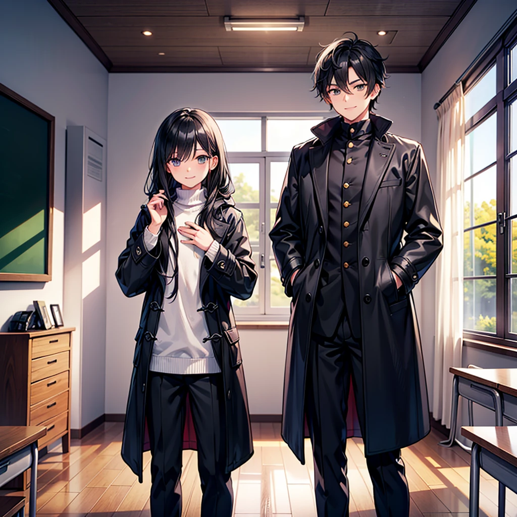 Anime art style,Highest quality,High resolution,Anatomically correct,One Man,Standing alone in the classroom,Twenty generations,good looking,Spiky hair,Black Hair,Gentle smile,A rich expression,Black long coat,White innerwear,Put your hands in your coat pockets,Eyes drawn in detail,8k