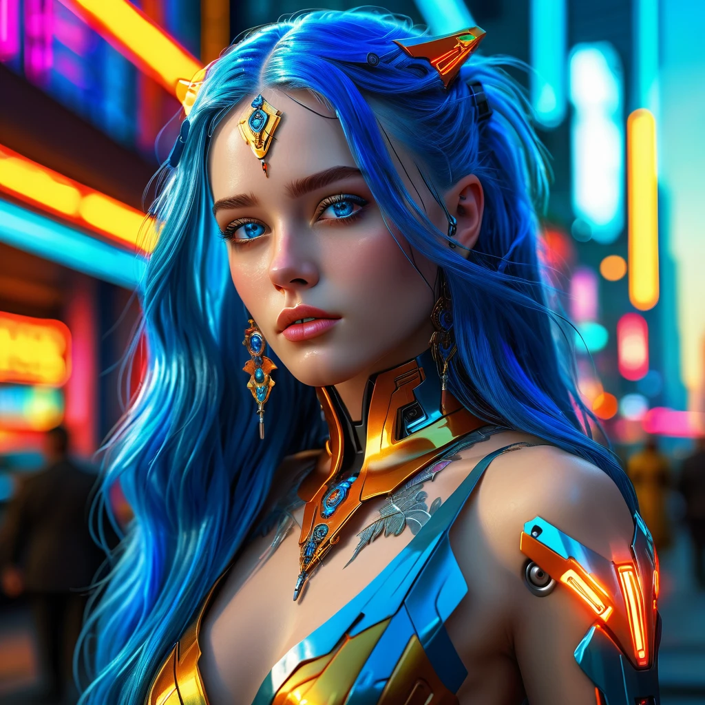 a beautiful girl with long blue hair and piercing blue eyes,detailed facial features,gorgeous detailed portrait,intricate elegant dress,dynamic action pose,futuristic mecha robot,neon city landscape,vibrant cyberpunk aesthetic,dramatic lighting,cinematic composition,(best quality,4k,8k,highres,masterpiece:1.2),ultra-detailed,(realistic,photorealistic,photo-realistic:1.37),cinematic,vibrant colors,dramatic lighting,highly detailed,digital painting