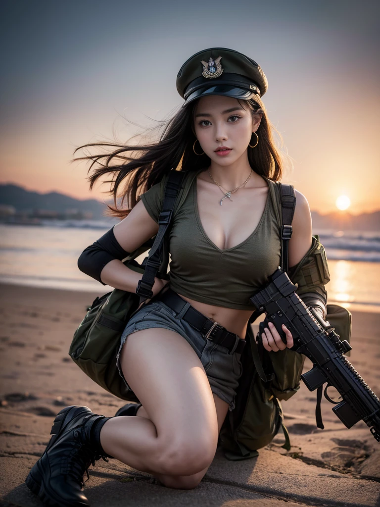 Sexy black long-haired female warrior,Armed personnel,Wearing a naked,Tattered latex clothes,Bandeau,full bodyesbian,Pose from head to toe,the feet,Big breasts and big buttocks,Big breasts and fat buttocks,Very exposed,Leak point,Lewdness,Tattered military equipment,Firearms weapons,Shooting,survive,with rifle in hands, infantry girls,full armour,Armed lanyards,Ammunition bag box hanging,Fierce battles