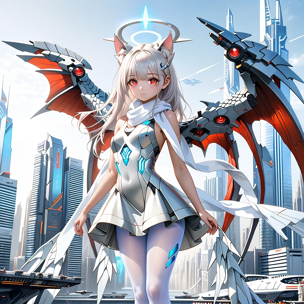 masterpiece, highest quality, highest resolution, clear_image, detailed details, photo realistic, white hair, long hair, 1 girl, cat ears, red eyes, futuristic dragon wings (12 wings), futuristic halo, white sci fi mecha dress, white scarf (around the neck withn a light blue glow), white pantyhose, full body, no water marks, city