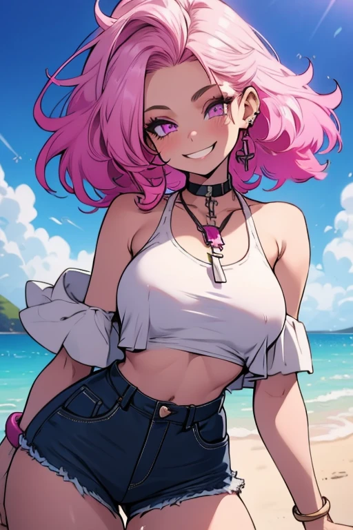 Perfect face. Perfect hands. A pink haired woman with violet eyes with an hourglass figure in a sexy white crop top and daisy dukes is posing sexually on the beach with a big smile