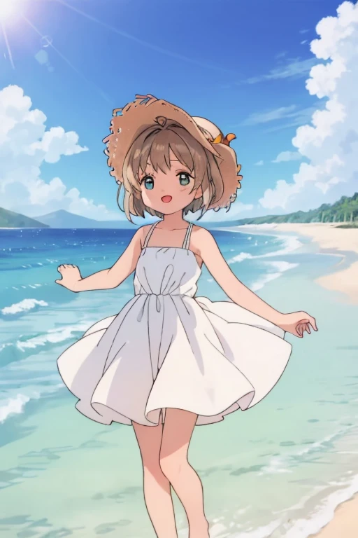 High resolution backgrounds,Beautiful background,anime, cute,Midsummer Beach,Cumulonimbus clouds floating on the horizon,Reflective and sparkling sea surface,9-year-old girl,A white summer dress with only straps around the shoulders,Chestnut Hair,Short Bob Hair,barefoot,Happy expression,White straw hat,Lens flare,The hem of a skirt fluttering in the wind,Cowboy Shot