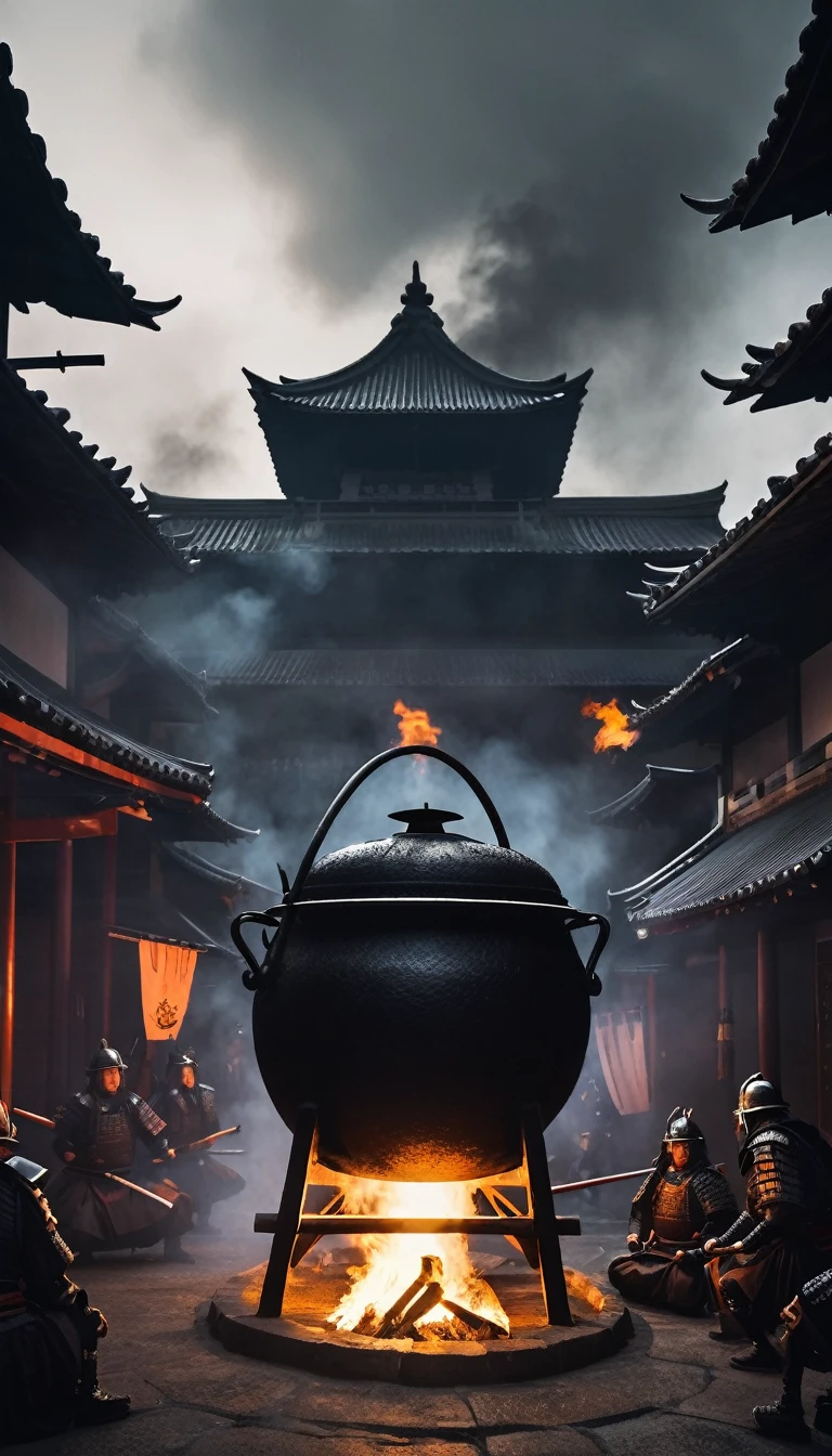 dark and ominous scene with a large cauldron over a fire, surrounded by samurai armor and weapons, hinting at a sense of danger.