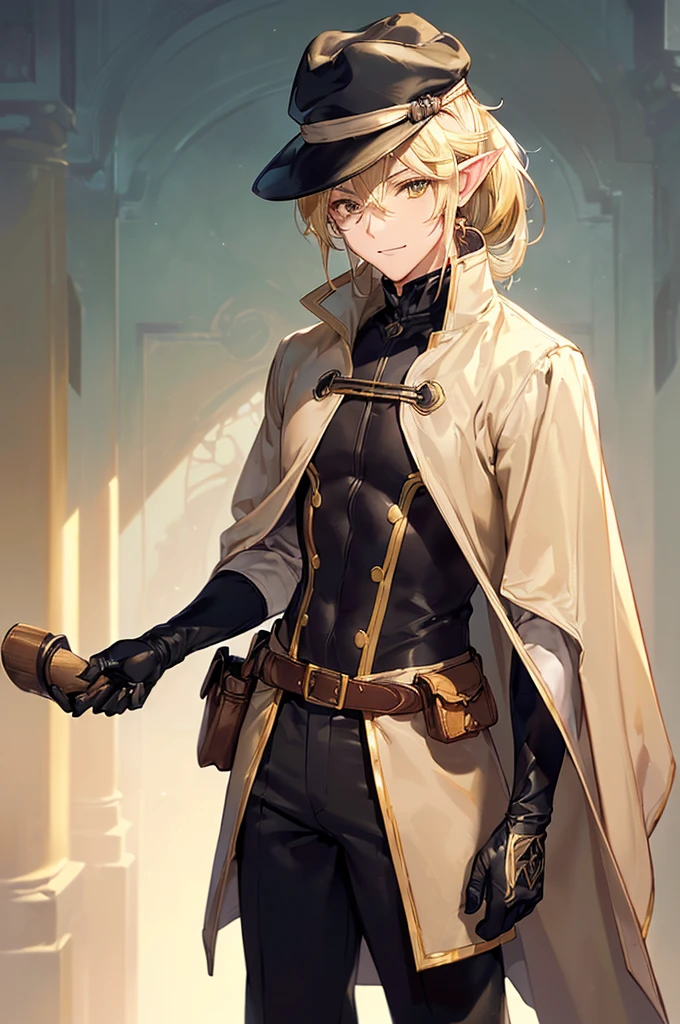 (((masterpiece; best quality: 1.2))), (finely detailed eyes: 1.3), (25 year old elf man), (solo), (yellow eyes: 1.4), (body; toned, fit, masculine: 1.3), (silky blonde hair in low ponytail: 1.3), (beautiful and clear background: 1.2), ((depth of field)), (equipment: adventurer garb + modest + elegant wide-brimmed hunter hat + beige overcoat + shirt + long black slanted cape + black pants + gloves + belt + pouches: 1.3), (anime illustration: 1.2), (background composition; royal garden: 1.1), (extremely fine and handsome: 1.1), (shot composition; standing + centered on torso + close-up: 1.5), (expression; calm, smile: 1.2)