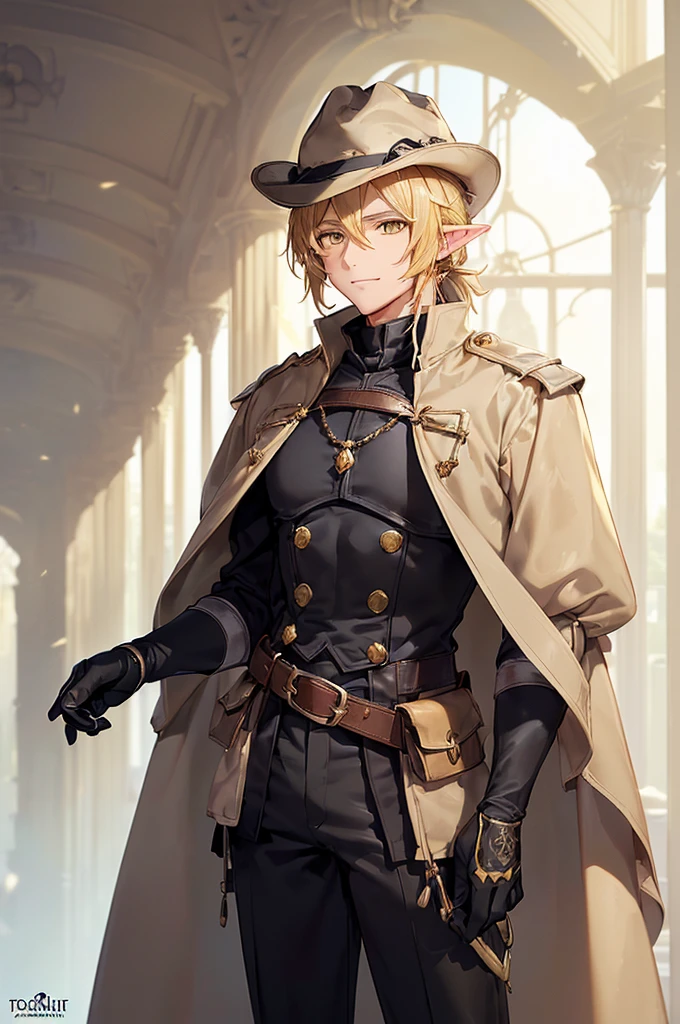 (((masterpiece; best quality: 1.2))), (finely detailed eyes: 1.3), (25 year old elf man), (solo), (yellow eyes: 1.4), (body; toned, fit, masculine: 1.3), (silky blonde hair in low ponytail: 1.3), (beautiful and clear background: 1.2), ((depth of field)), (equipment: adventurer garb + modest + elegant wide-brimmed hunter hat + beige overcoat + shirt + long black slanted cape + black pants + gloves + belt + pouches: 1.3), (anime illustration: 1.2), (background composition; royal garden: 1.1), (extremely fine and handsome: 1.1), (shot composition; standing + centered on torso + close-up: 1.5), (expression; calm, smile: 1.2)