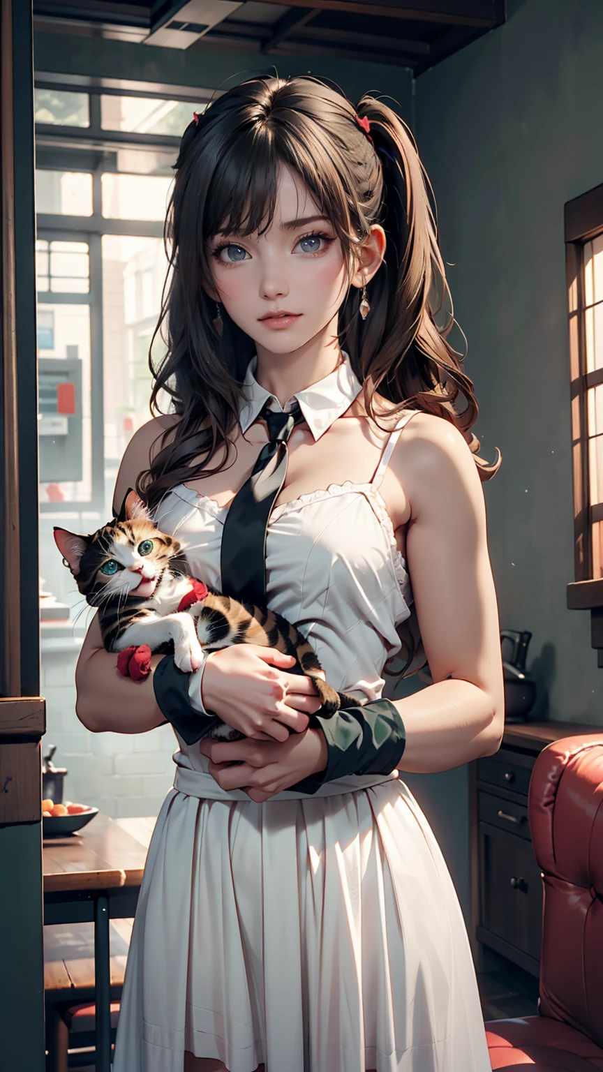 Innocence, Dark green hair, Twin tails, Put your arms behind your back, White Dress, Black waist tie, girl,blue eyes,Sexy proportions、Top view、Pop pastel color background、Cute Pumps、Wristband、Anime poster style、She holds a small kitten lovingly in front of her chest