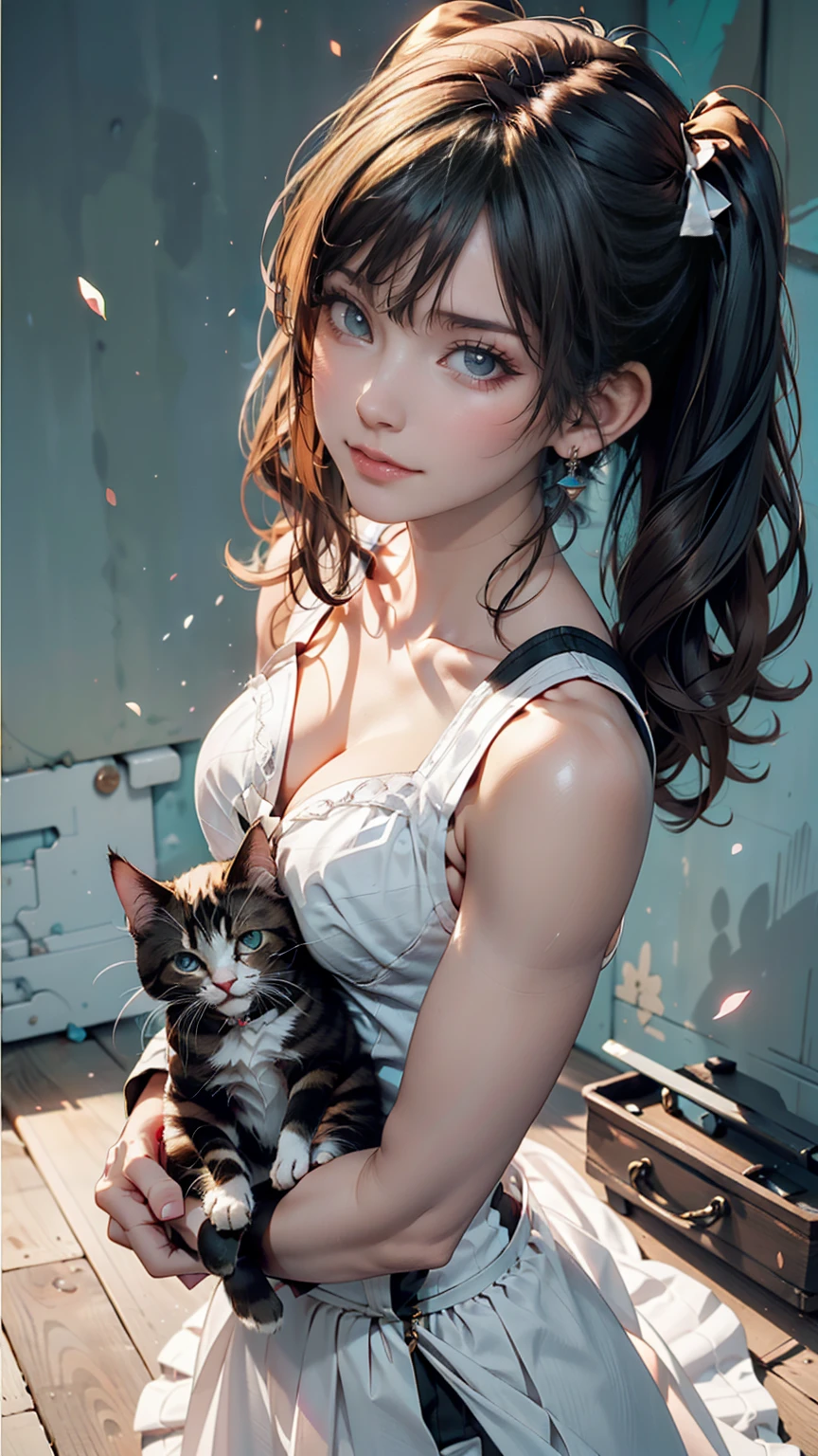 Innocence, Dark green hair, Twin tails, Put your arms behind your back, White Dress, Black waist tie, girl,blue eyes,Sexy proportions、Top view、Pop pastel color background、Cute Pumps、Wristband、Anime poster style、She holds a small kitten lovingly in front of her chest