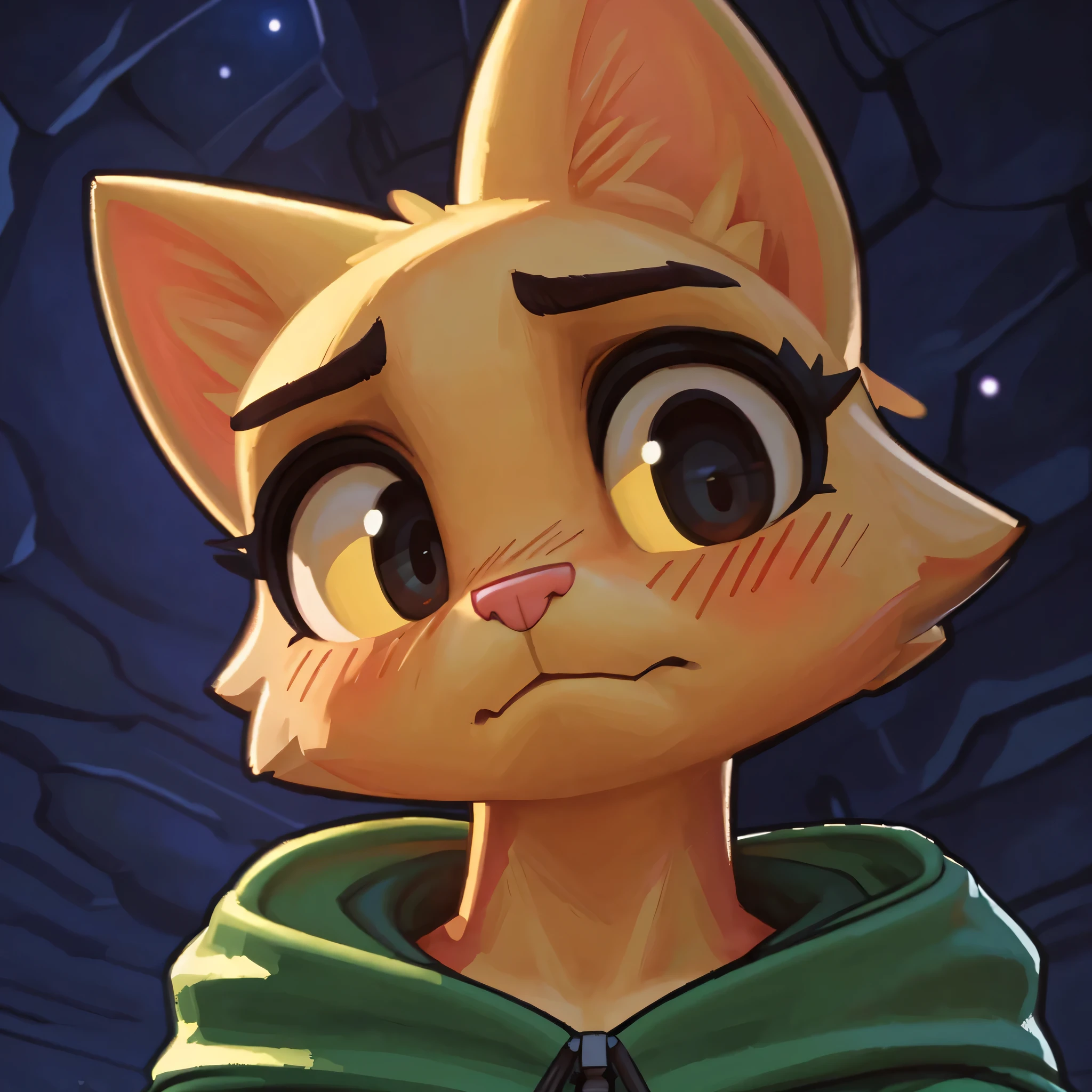 [katia managan], [Uploaded to e621.net; (Pixelsketcher), (wamudraws)], ((masterpiece)), ((HD)), ((high res)), ((solo portrait)), ((front view)), ((low angle view)), ((feet visible)), ((detailed shading)), ((beautiful render art)), {(slim figure), (yellow fur), (pink cat nose), (long yellow cat tail), (cute dark brown eyes), (yellow sclera in eyes), (curvy hips), (beautiful legs), (blushing), (nervous smirk)}, {(green hooded sage robe)}, {(nervous demeanor), (looking at viewer)}, [ambient lighting, cave, nighttime, moonlight}