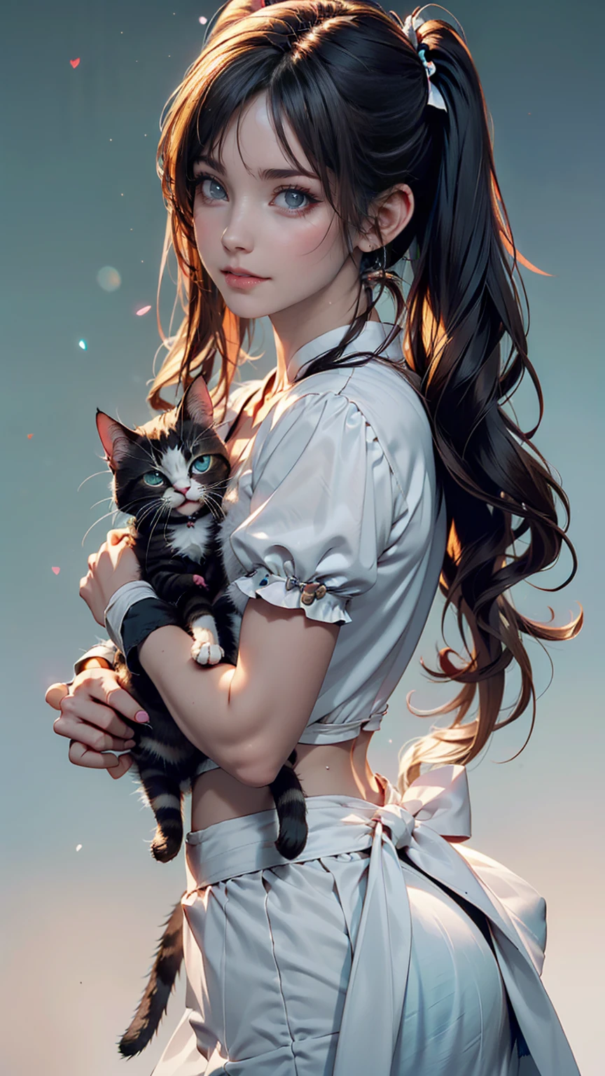 Innocence, Dark green hair, Twin tails, Put your arms behind your back, White Dress, Black waist tie, girl,blue eyes,Sexy proportions、Top view、Pop pastel color background、Cute Pumps、Wristband、Anime poster style、She holds a small kitten lovingly in front of her chest