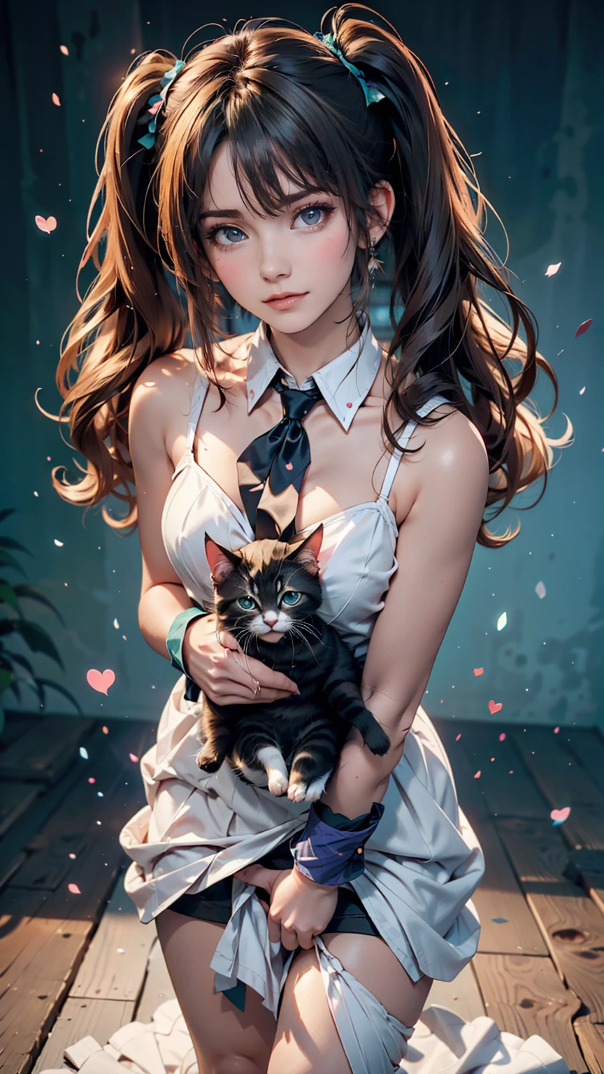 Innocence, Dark green hair, Twin tails, Put your arms behind your back, White Dress, Black waist tie, girl,blue eyes,Sexy proportions、Top view、Pop pastel color background、Cute Pumps、Wristband、Anime poster style、She holds a small kitten lovingly in front of her chest