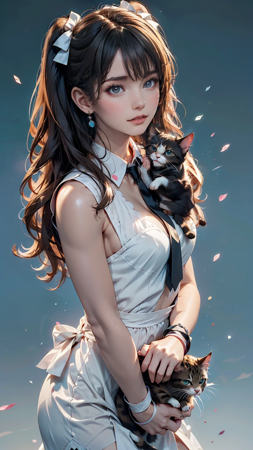 Innocence, Dark green hair, Twin tails, Put your arms behind your back, White Dress, Black waist tie, girl,blue eyes,Sexy proportions、Top view、Pop pastel color background、Cute Pumps、Wristband、Anime poster style、She holds a small kitten lovingly in front of her chest