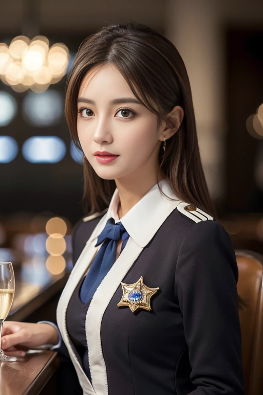 masterpiece, Highest quality, Realistic, Very detailed, Finer details, High resolution, 8k wallpaper, One beautiful woman, Wear an airline flight attendant uniform, In a great restaurant, At night, Light brown messy hair, Perfect dynamic composition, Beautiful and beautiful eyes、Small earrings、whole body