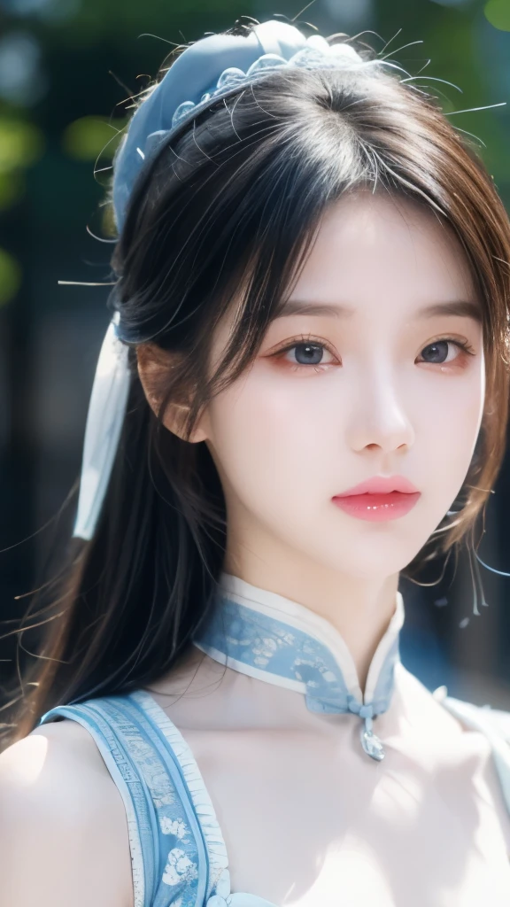 Blue and white porcelain style，Chinese Clothing，The costumes are blue and white in theme，Chinese Art Style，Fashion model 18 years old [[[[Close-up cleavage]]]], [[[[breast]]]], [[[[Cole]]]], [[[[Shoulder]]]], Perfect eyes, Perfect Iris，Perfect lips，Perfect Teeth，Perfect skin，Fair skin，Soft headlight，HDR，girl，White hair，Sad expression，Background is outdoor，White powder wall，Light blue flowers，4K ultra HD, Ultra-high resolution, (Reality: 1.4), best quality，masterpiece，Super dilution，（Pastel colors：1.2）