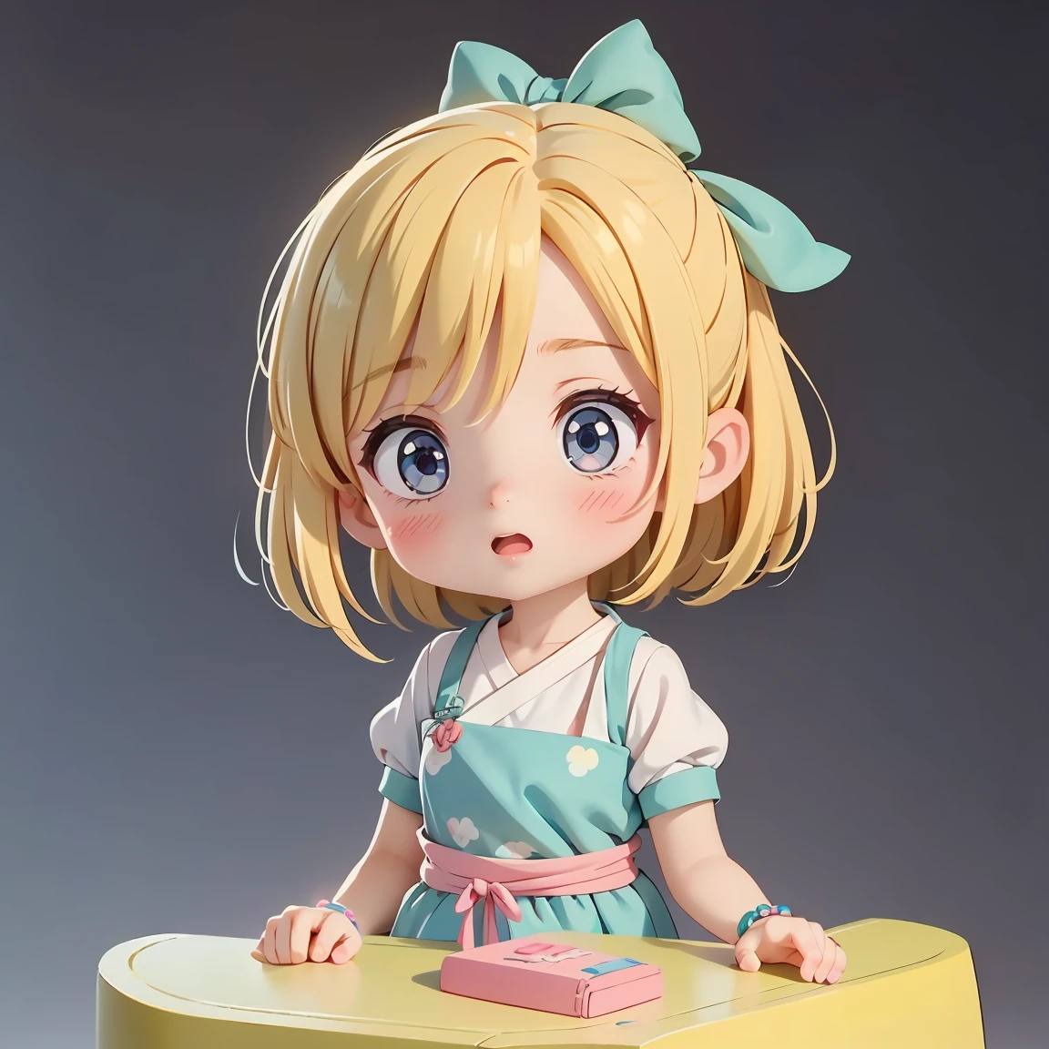 Super Chibi Character:1.8、wearing cute sandals、All-over simple and light color background:1.8、Blonde Hair、Cute 7 year old girl、Random cute outfits、Super Chibi Character:1.8、Sandals with ribbon、Very surprised face:1.8、Very surprised face:1.8