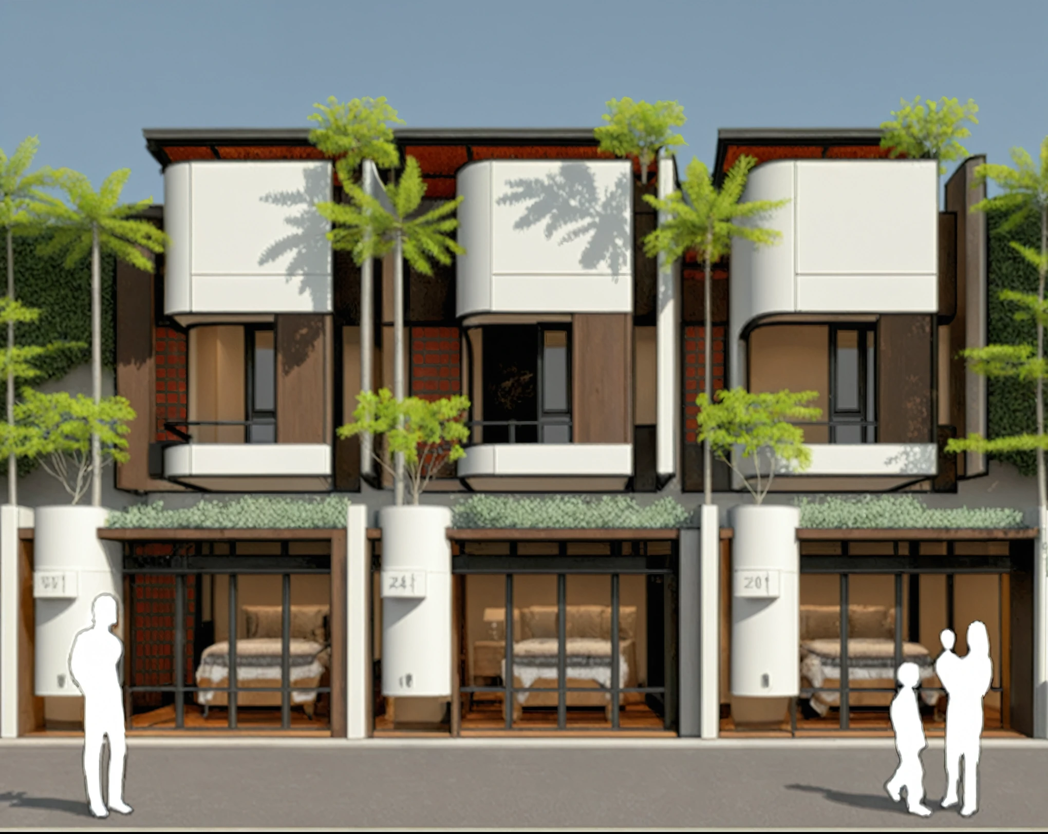 head of'artwork, high quality, best quality, Authentique, Super detailed, Outside, groupe aiai, style maison de ville moderne sur 2 étages, stairs, murs blancs combinés avec du conwood, carreaux de vent encaustiques, iron door, conwood de plafond, fleurs, chemin, soirée d'summer, grass, trees, sky, clouds, (day light: 1.1)