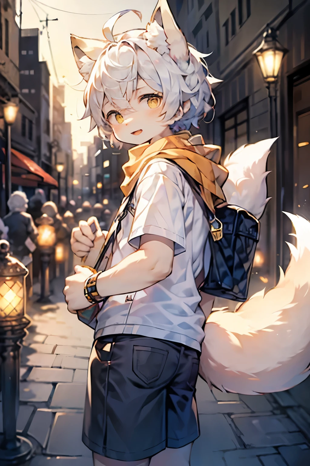 Fox Boy，Furry boys，Baby characteristics，White hair，Yellow skin，White Arm，scarf，shorts，City