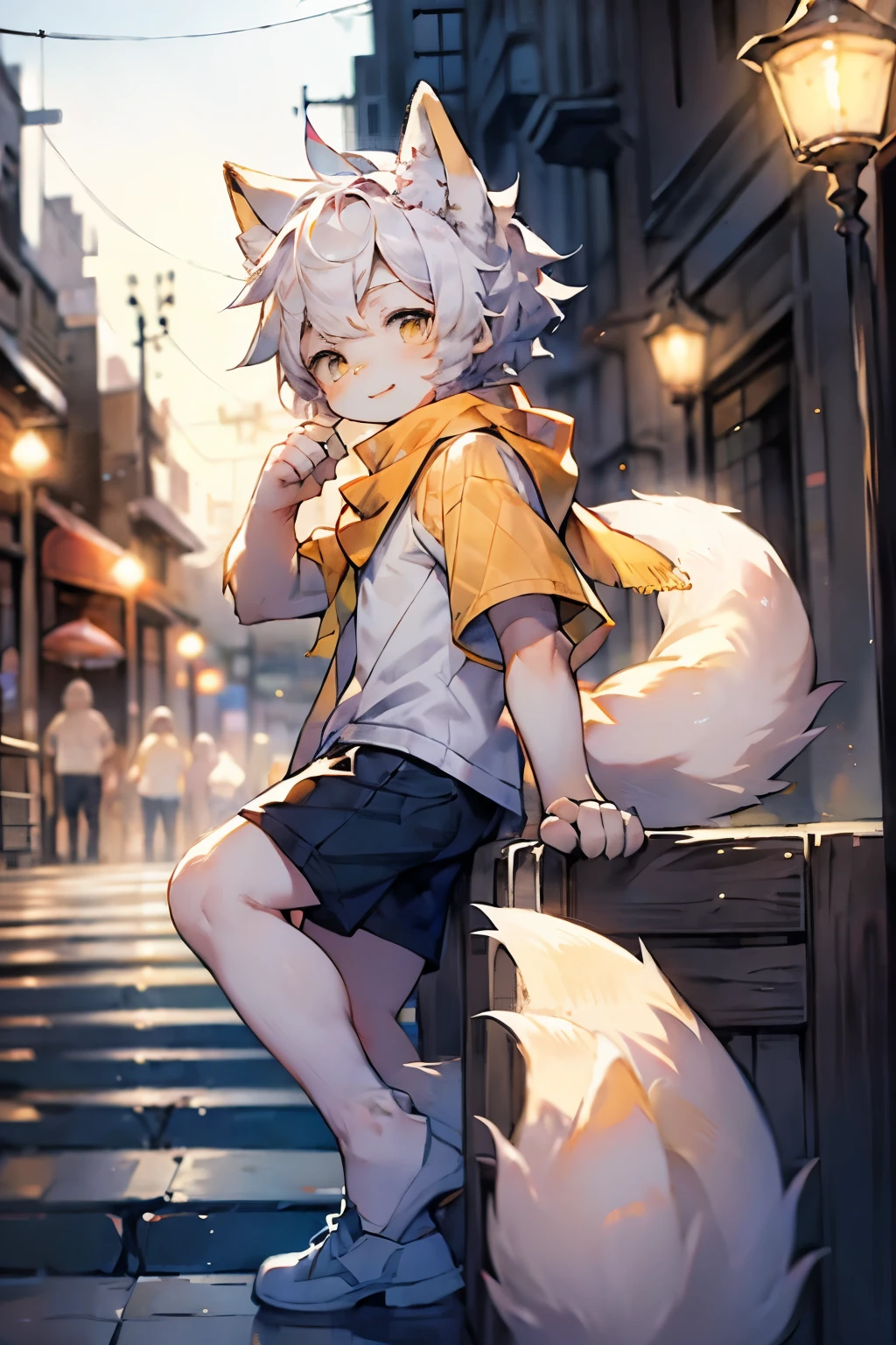 Fox Boy,Furry boys,Baby characteristics,White hair,Yellow skin,White Arm,scarf,shorts,City