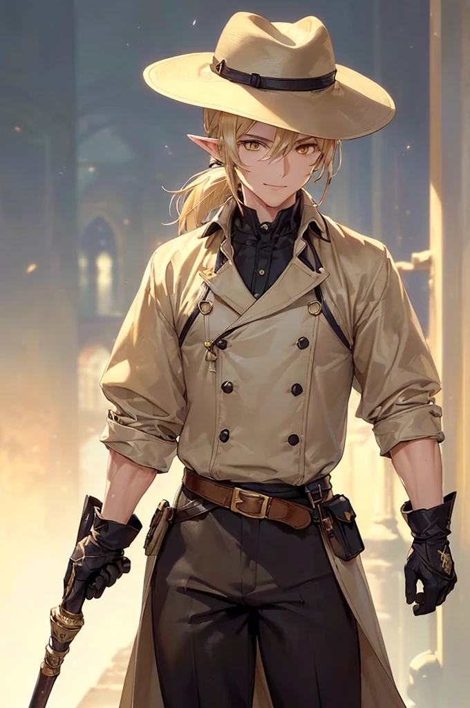(((masterpiece; best quality: 1.2))), (finely detailed eyes: 1.3), (25 year old elf man), (solo), (yellow eyes: 1.4), (body; toned, fit, masculine: 1.3), (silky blonde hair in low ponytail: 1.3), (beautiful and clear background: 1.2), ((depth of field)), (equipment: adventurer + modest + elegant wide-brimmed hunter hat + beige overcoat + shirt + long black slanted cape + black pants + gloves + belt + pouches: 1.3), (anime illustration: 1.2), (background composition; royal garden: 1.1), (extremely fine and handsome: 1.1), (shot composition; standing + centered on torso + close-up: 1.5), (expression; calm, smile: 1.2)