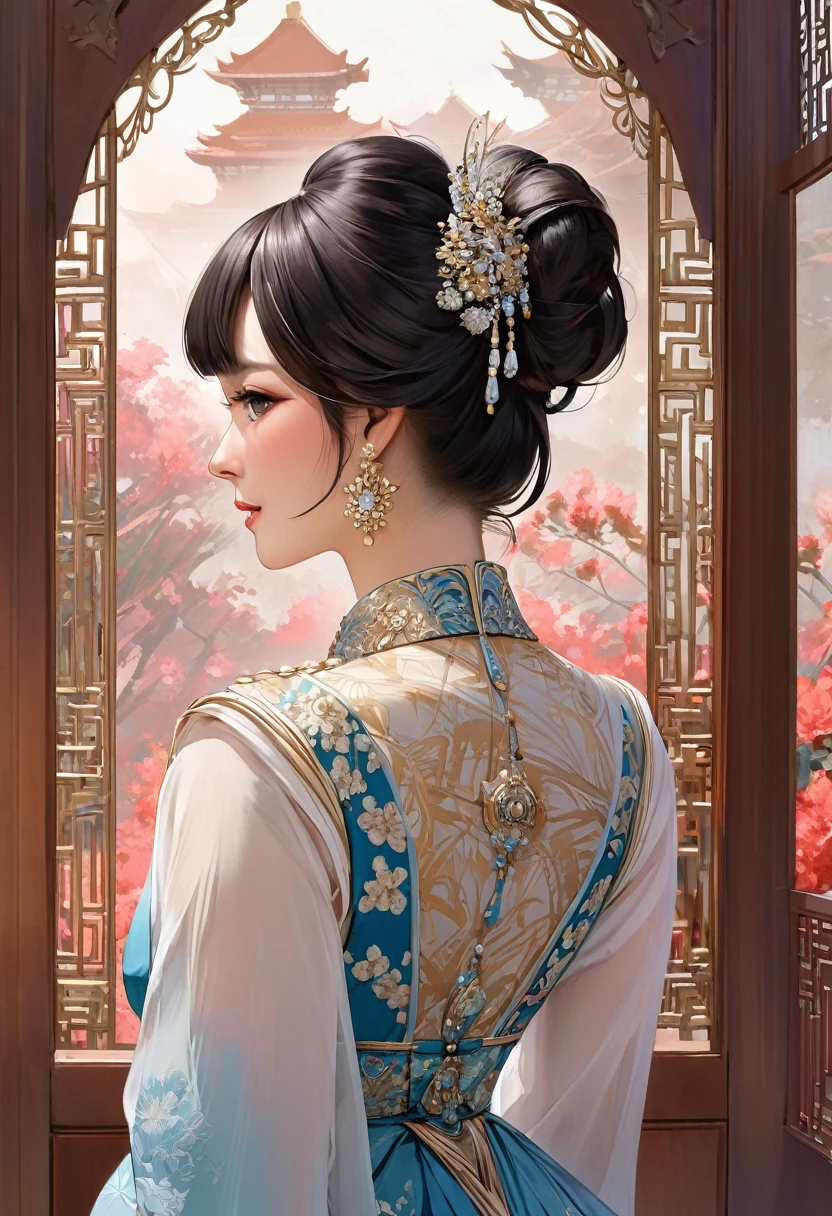 When seen from directly behind, the Empress's face is facing forward.。A 40-year-old empress outside the Chinese palace of the Qing Dynasty wears a flashy red floral Manchu empress dress。Her big ass is totally naked and hanging high、Exposed without pants。She is sitting naked on the ground with her legs wide open。View from behind。The traditional Qing Dynasty hair ornament is a large hair ornament with a flashy double-headed flower.。Her hair is tied up and pulled up at the back.、She looks like a pervert。