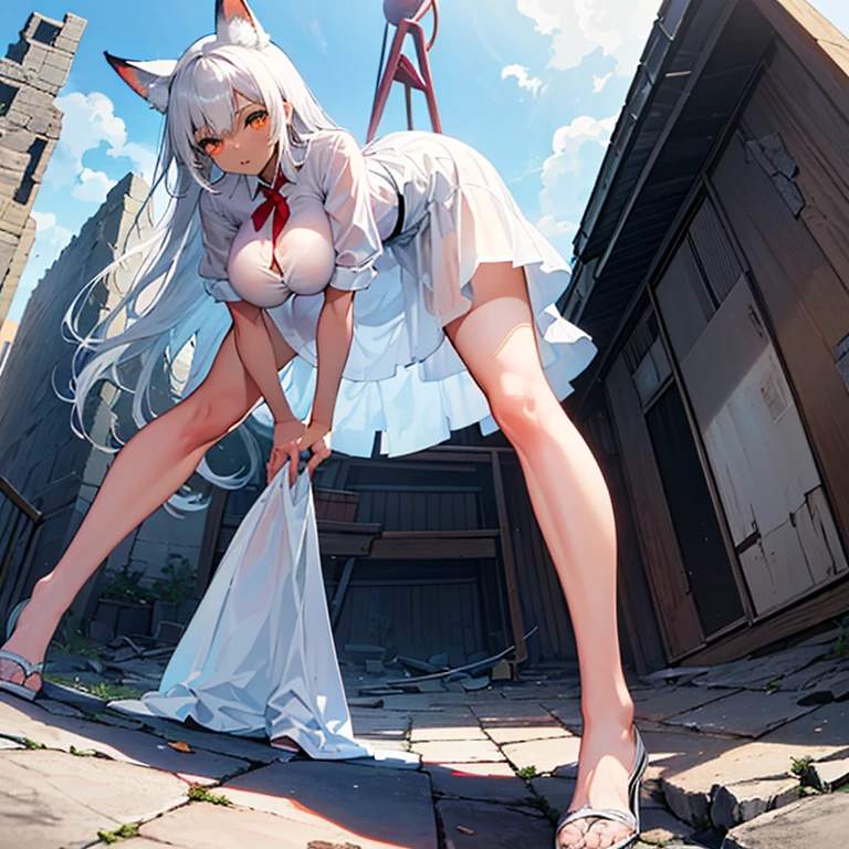(8k, Realistic, RAW Photos, Highest quality, (from below:2), View your viewers: 1.3), (Fox Girl, Fox Ears, Silver Hair, One Girl, Long Hair, (Alone on the screen, dark skin), High definition:1.6), (White clothes, Long skirt, See-through shirt:1.8), (Body measurements are 99-55-77!, Height: 145cm, Nice body, Big Breasts, slender, muscle, (Stand with your legs apart, I can see the valley, bent over):1.9),(美しいface, Delicate drawing, It is written down in detail), Avatar, face, 色っぽいface, Dominant representation, naughty face, Uplifting, Skin Texture, outside, ruins, Ruined City, Broken Building, There are no people