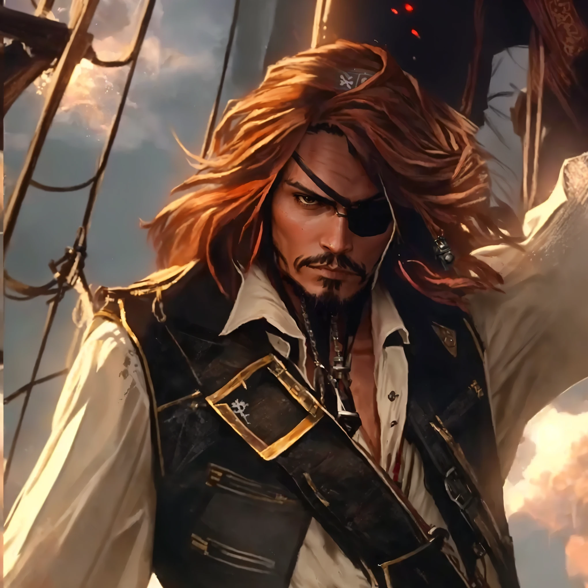 海盗s of the caribbean - team leader jack sparrow, Grand Theft Theft Force class , portrait, team leader, Raymond Swanland's Style, bald male Grand Theft Theft Force, Character Art Close-up, Eye mask, , Grand Theft Theft Force, A smug silly smile, Portrait of a fin wildcloak, Portrait of Shanks Le Roux, team leader, Jean Sebastien Ross