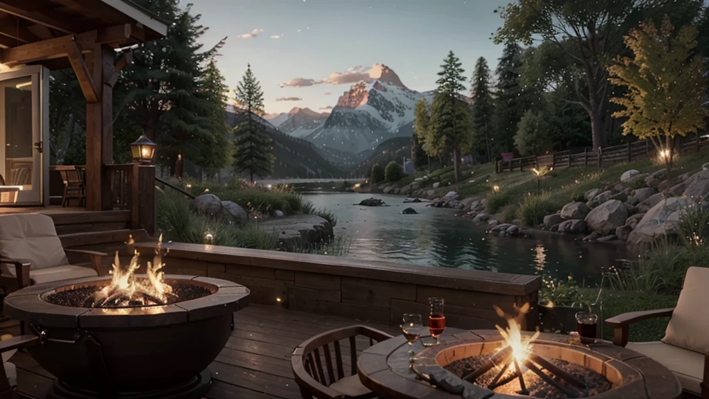 there is a fire pit on a deck with a view of the mountains, rivers and greenfields, unreal engine ; romantic theme, warm beautiful scene, unreal 5 engine rendered, unreal 6 breathtaking detailed, unreal engine highly rendered, rendered in unreal 5, beautiful detailed scene, unreal engine screenshot, highly detailed scene, realistic unreal engine 3 d game, unreal engine rendered, detailed scene, cozy environment