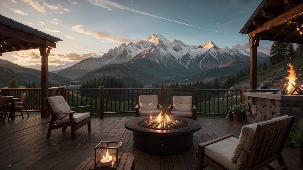 there is a fire pit on a deck with a view of the mountains, rivers and greenfields, unreal engine ; romantic theme, warm beautiful scene, unreal 5 engine rendered, unreal 6 breathtaking detailed, unreal engine highly rendered, rendered in unreal 5, beautiful detailed scene, unreal engine screenshot, highly detailed scene, realistic unreal engine 3 d game, unreal engine rendered, detailed scene, cozy environment