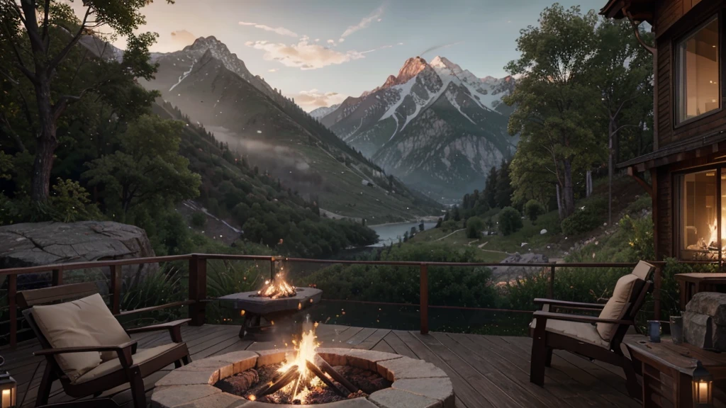there is a fire pit on a deck with a view of the mountains, rivers and greenfields, unreal engine ; romantic theme, warm beautiful scene, unreal 5 engine rendered, unreal 6 breathtaking detailed, unreal engine highly rendered, rendered in unreal 5, beautiful detailed scene, unreal engine screenshot, highly detailed scene, realistic unreal engine 3 d game, unreal engine rendered, detailed scene, cozy environment