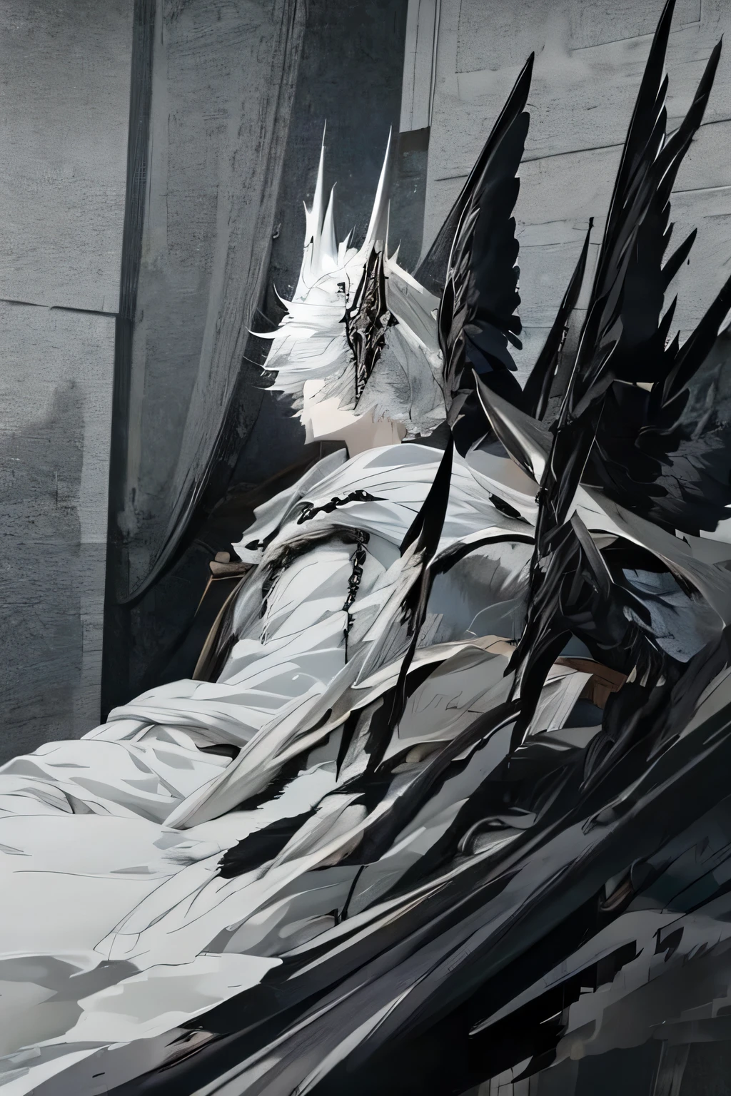 1 boy, (masterpiece, best quality), (anime), (scales of justice), white hood, black mask, white robes, intricate details, dramatic lighting, cinematic composition, chiaroscuro, moody atmosphere, epic fantasy, ethereal, surreal