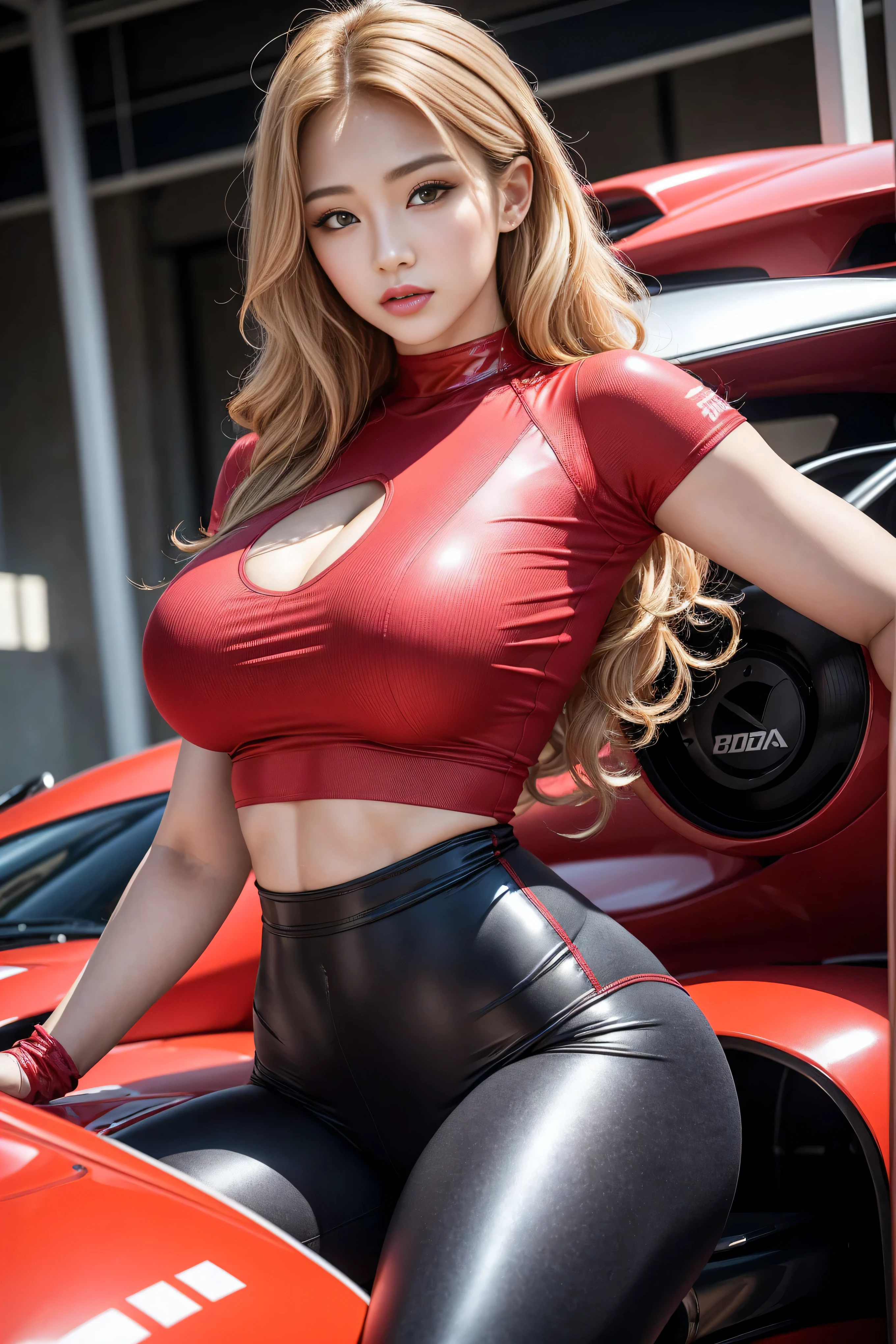 High Detail, wear (Tight shirt:1.2), Beautiful Korean girl, Korean pop idol,Beautiful and delicate face, Hazel eyes, (Attractive fitness woman:1.3), (Tempting:1.1), (blush:1.1), Hourglass figure, Fully shiny aerobic red latex tights, Big and round breasts,Blonde curly hair,Standing in front of a red racing car,Monza Circuit