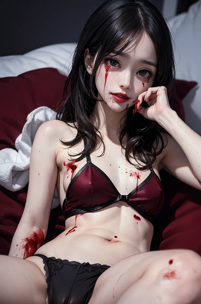 Highest quality, masterpiece, look up, cute,(Horror),(((Beautiful zombie girl))),Dead,Trying to bite,(((Bleeding,Injured))),(((Shedding tears of blood))),((口からBleeding)),((Covered in blood)),((Bitten all over the body)),((Sexy)),(sexy),((Small breasts)),(Baby Face),(Middle school students),Black Hair,Bobcut,(((Masturbation))),(((Blowjob))),(((Sex,sexual behavior))),Beautiful Style,((Lower body exposed)),((Pale skin)),(Sensual look),Embarrassed,Sexy表情,Expressions of delight,Crazy Smile,(Dark atmosphere),(Dark atmosphere,fear),((Dim lighting)),(On the bed)