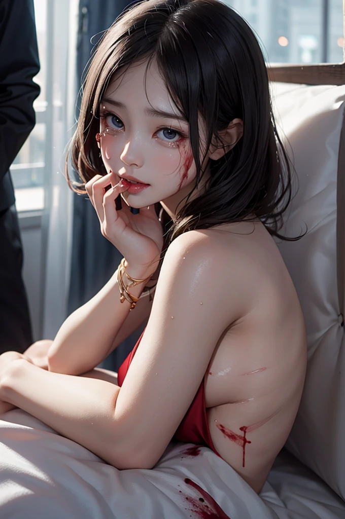 Highest quality, masterpiece, look up, cute,(Horror),(((Beautiful zombie girl))),Dead,Trying to bite,(((Bleeding,Injured))),(((Shedding tears of blood))),((口からBleeding)),((Covered in blood)),((Bitten all over the body)),((Sexy)),(sexy),((Small breasts)),(Baby Face),(Middle school students),Black Hair,Bobcut,(((Masturbation))),(((Blowjob))),(((Sex,sexual behavior))),Beautiful Style,((Lower body exposed)),((Pale skin)),(Sensual look),Embarrassed,Sexy表情,Expressions of delight,Crazy Smile,(Dark atmosphere),(Dark atmosphere,fear),((Dim lighting)),(On the bed)