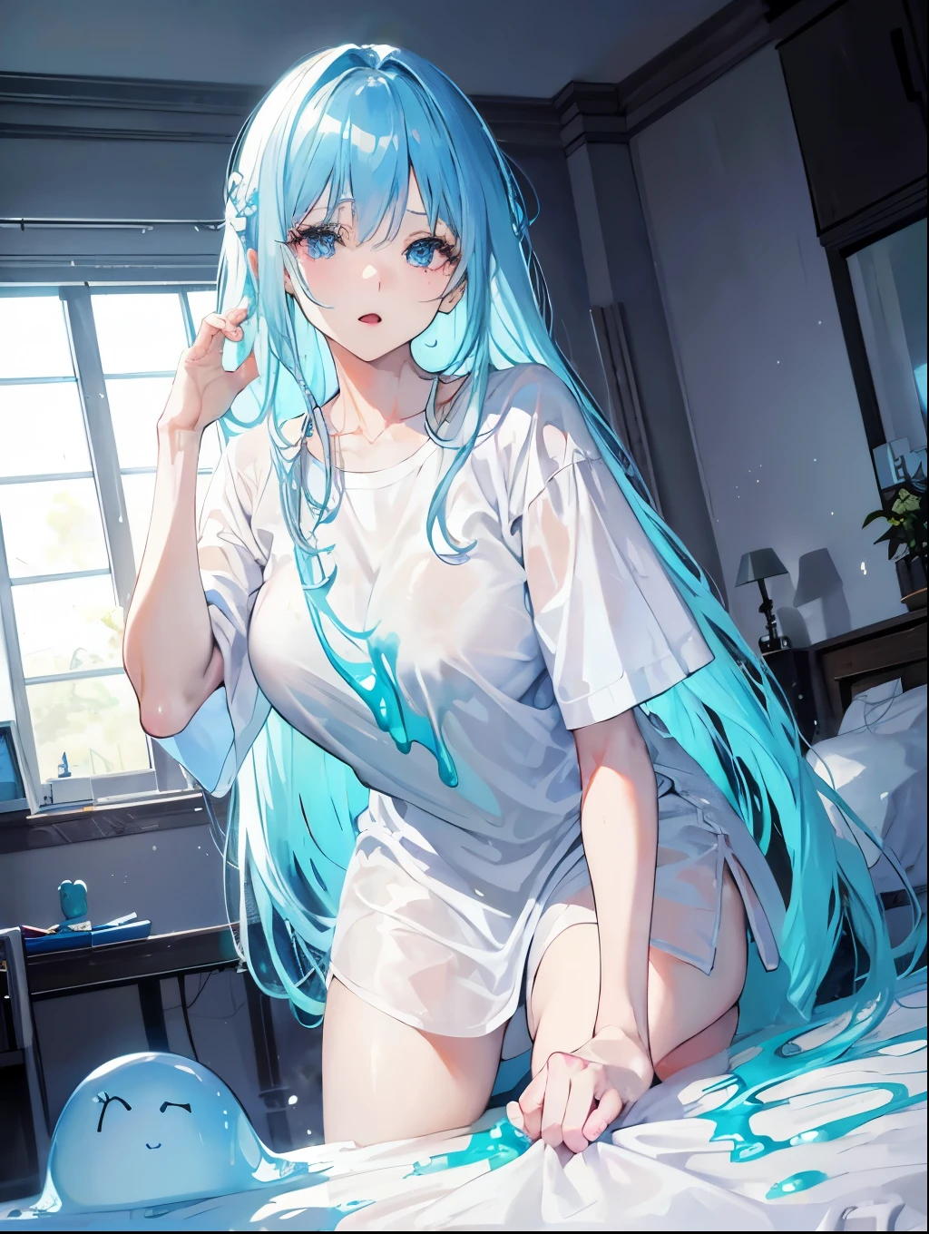 Mature woman, light blue slime hair, on bed, cute girl, slime hair, white shirt, yawning