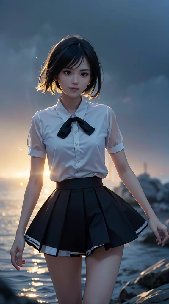 (8k, highest quality, masterpiece: 1.2), ultra detail, highest quality, ultra high resolution, professional lighting, photon mapping, radiosity, physically based rendering, cinematic lighting, depth of field, focusing, sun rays, good composition, (bokeh: 1.2), 1 girl, (full body), smile, beautiful eyes, pose, constriction, brown hair, short hair, see-through prairie blouse light blue, nano skirt,park,hand {fingers} Kawaii {finger} hand,HD lighting and dark )<=(epic image quality)dark atmosphere with bright particle light(many effects in background)