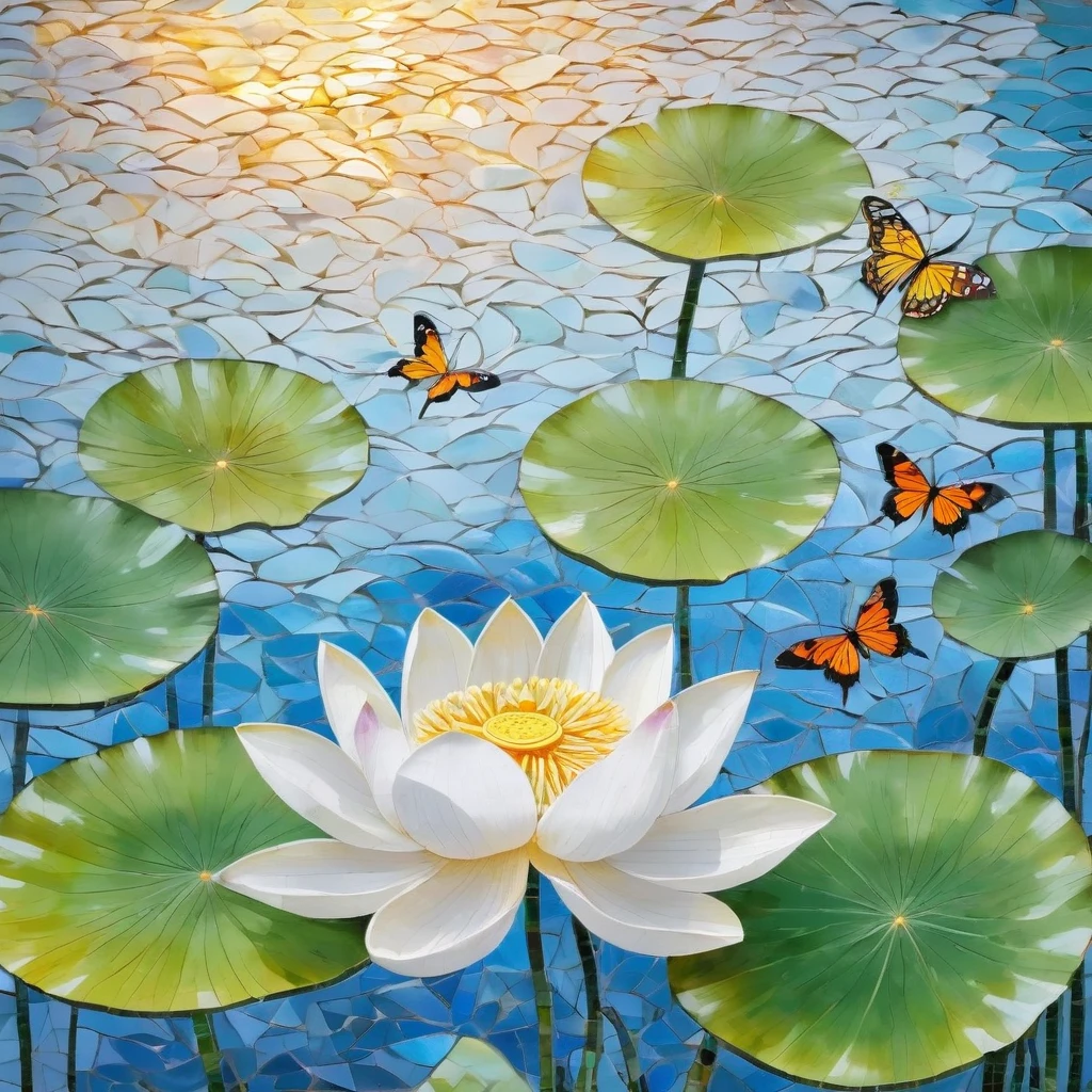 white background, white lotus, lotus leaves, swimming fish, flying butterflies, mosaic radiation: 1.2, welcoming sunlight: 0.8, Like pieces of glass transmitting warmth and energy into space: 0.4 Sparkling and dancing, clean. 