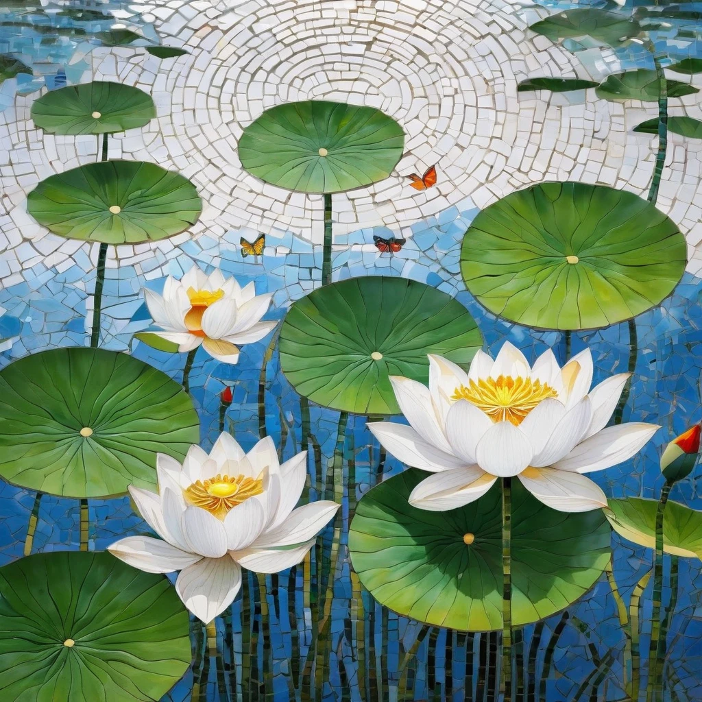 white background, white lotus, lotus leaves, swimming fish, flying butterflies, mosaic radiation: 1.2, welcoming sunlight: 0.8, Like pieces of glass transmitting warmth and energy into space: 0.4 Sparkling and dancing, clean. 