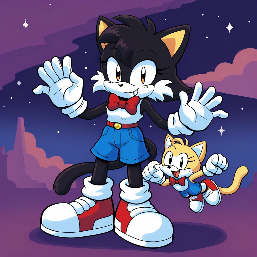 Custom avatar, Retro cartoon cat character, wearing red bowtie, wearing blue shorts, in the cyberspace￼, cgi backround, doing a dyamic pose, remsimbes to the cartoons of the 1940s and 1980s,