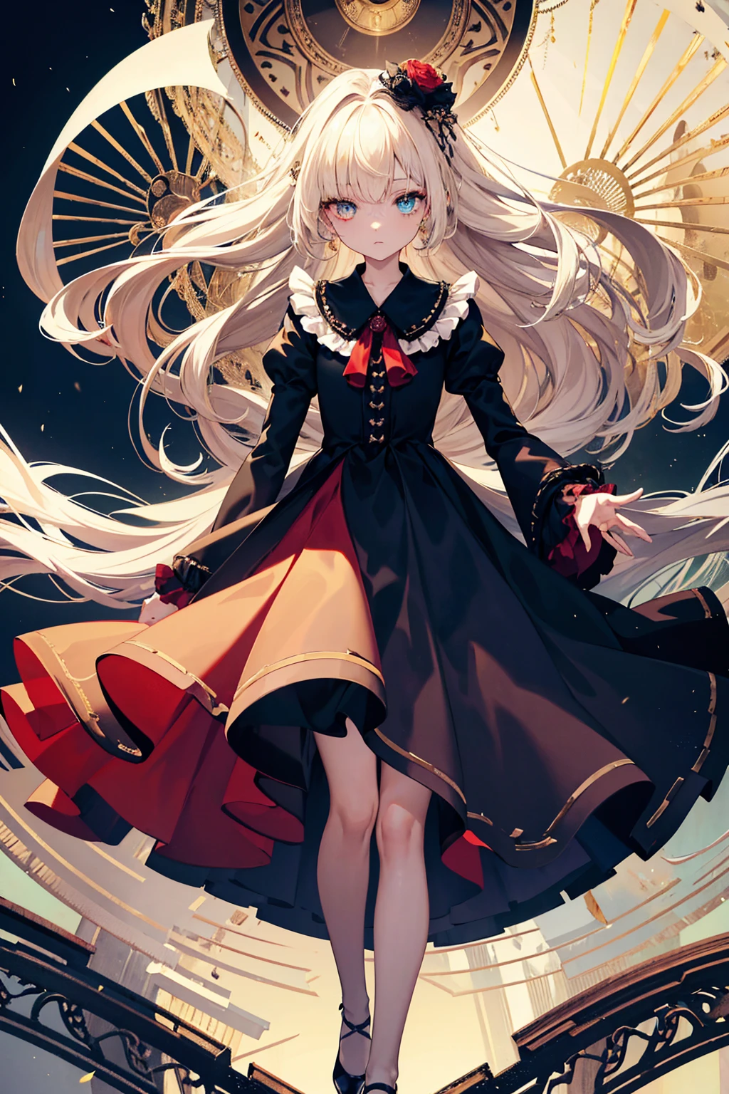best quality,masterpiece,ultra detailed,Add layer,detailed eyes,slim,skinny,slim legs,small hips,1 girl,
,Horror,
(heterochromia,Yellow eye,blue eye),(big eyes),slant eyes,upturned eyes,glowing eyes,slant eyes,
(hair over one eye),long hair,Ash blonde,wavy hair,shiny hair,silky hair,((extra long sideburns)),
expressionless,
peasant dress,too many frills,Long Sleeves,long skirt,red ribbon tie,holding parasol,
standing,Full body,