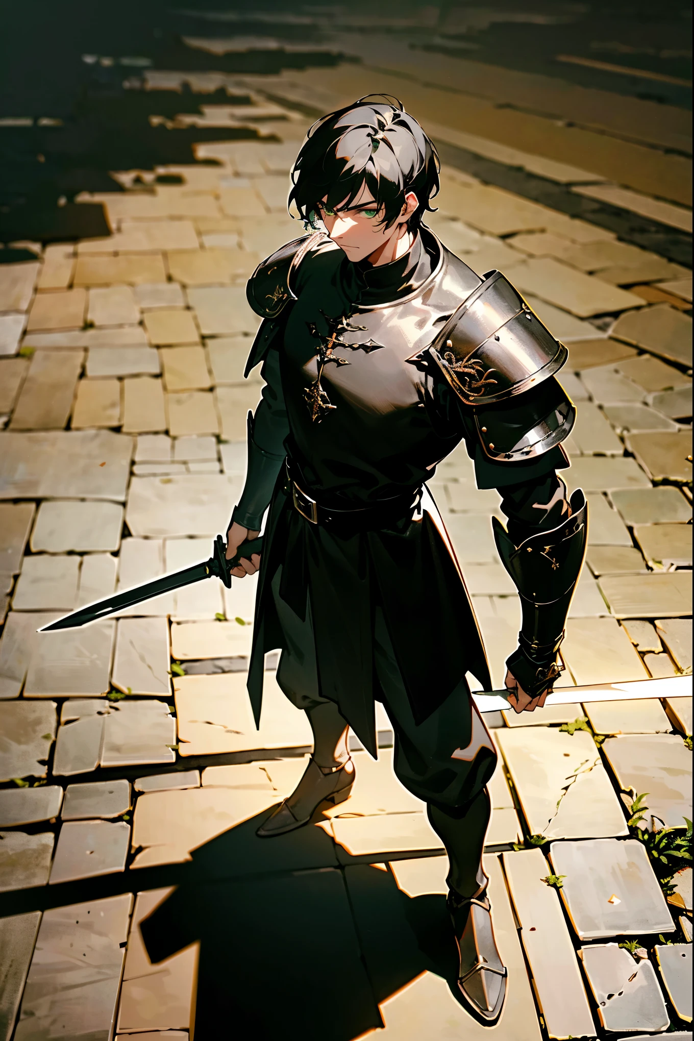 a man with black hair and green eyes, wearing black leather armor, daggers at his side, standing on a cobblestone street in a medieval town, shadows cast by torches, (best quality,8k,highres,masterpiece:1.2),ultra-detailed,medieval,fantasy,dramatic lighting,moody atmosphere,chiaroscuro